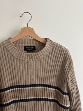 Ribbed Crewneck Sweater in Beige with Navy Stripes